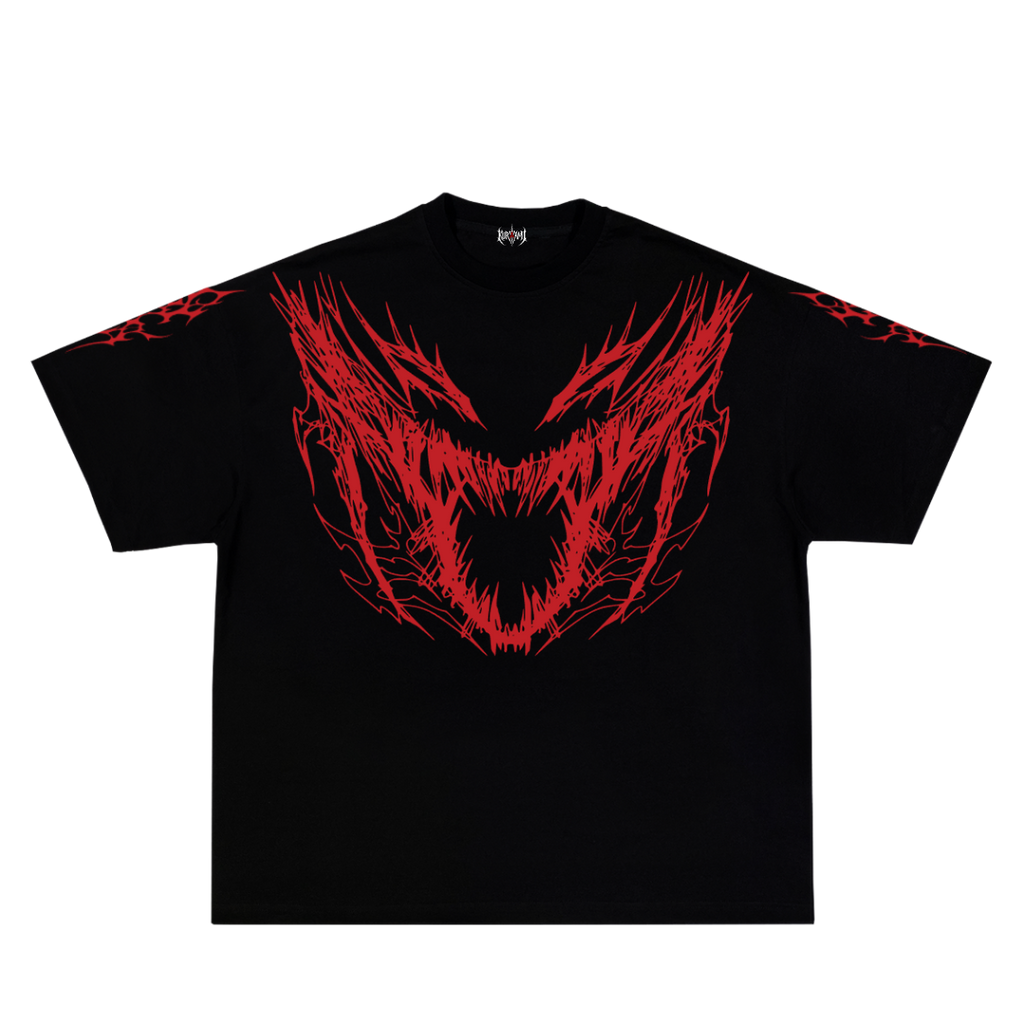Black t-shirt with red graphic design