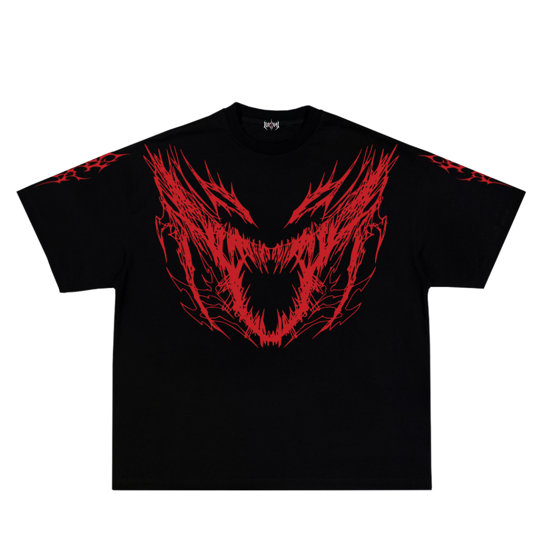 Black t-shirt with red graphic design