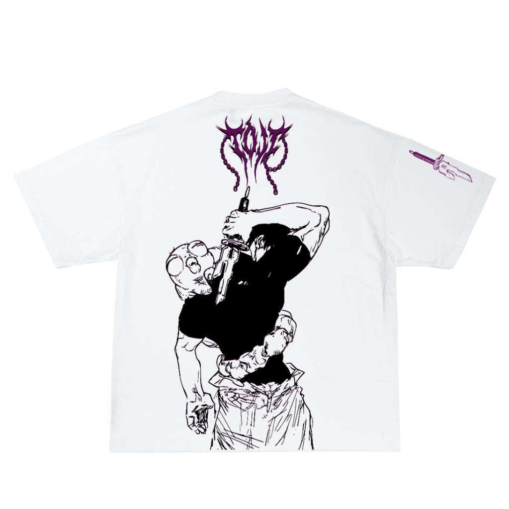 White t-shirt with black and purple graphic design