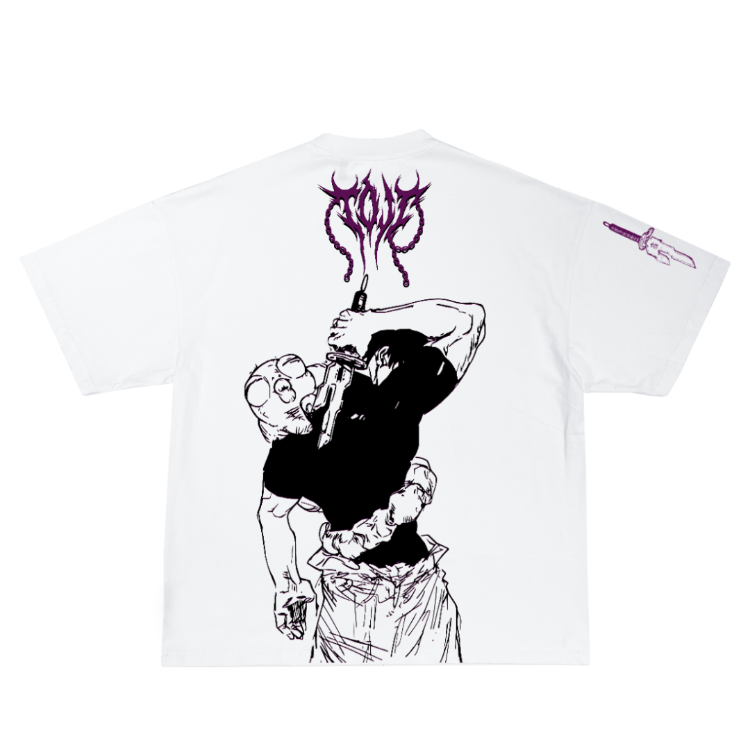 White t-shirt with black and purple graphic design