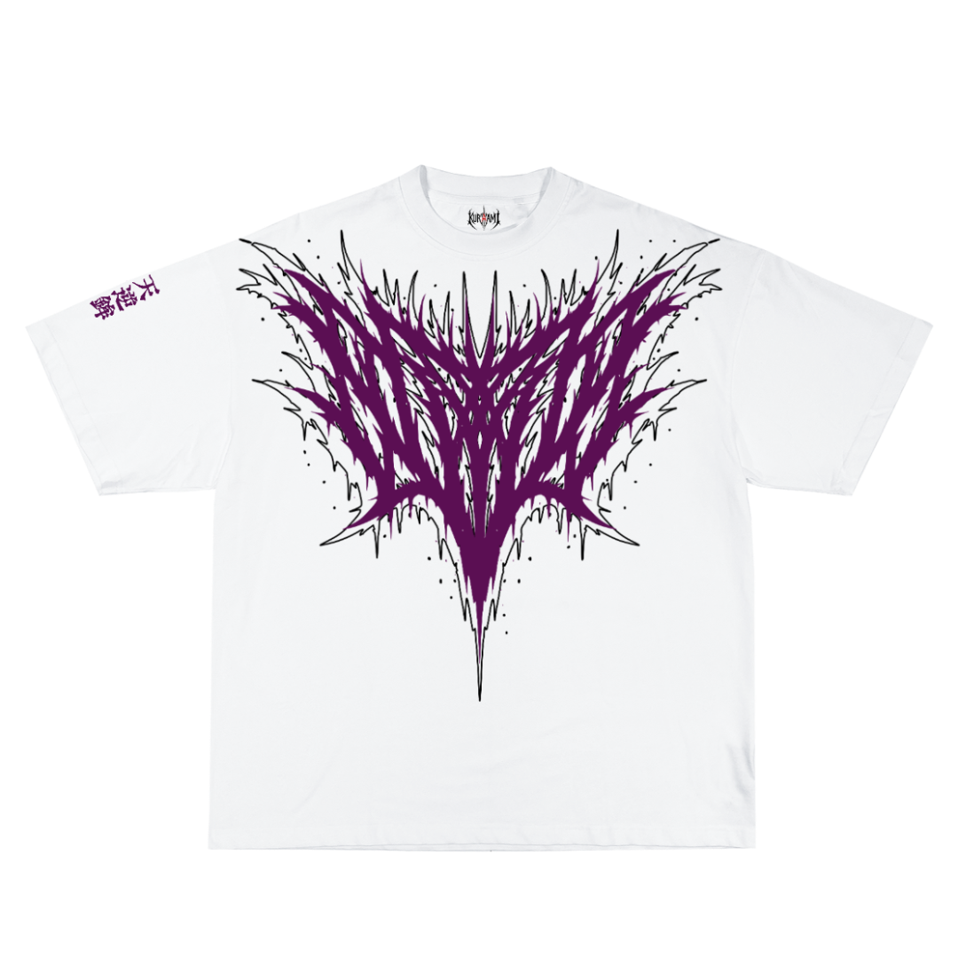 White t-shirt with a purple and black abstract design