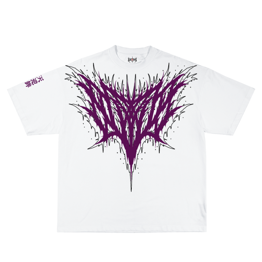 White t-shirt with a purple and black abstract design