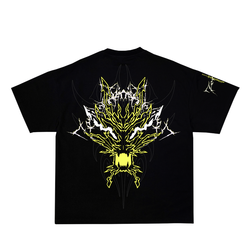 Black t-shirt with a yellow and white graphic design