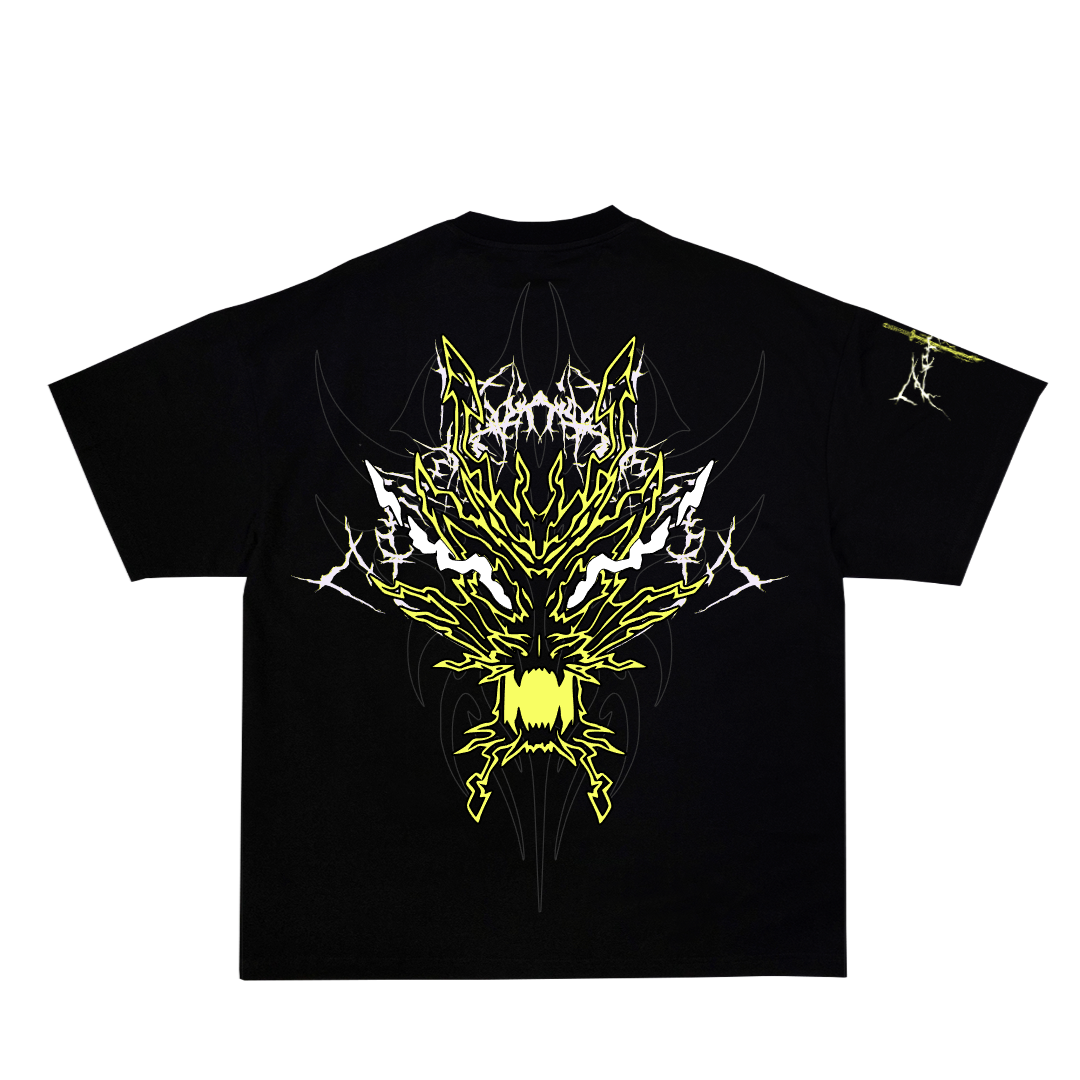 Black t-shirt with a yellow and white graphic design