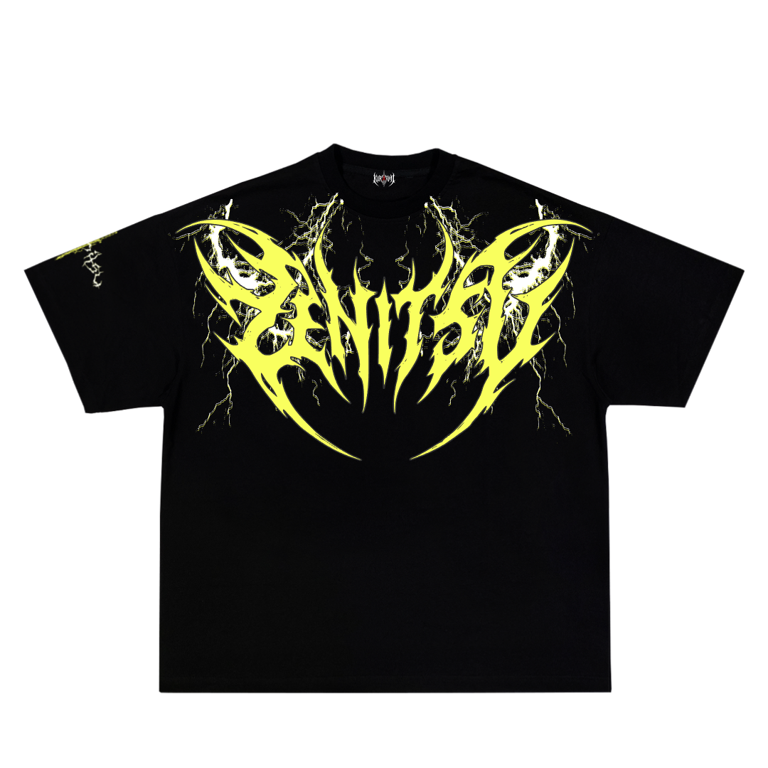 Black t-shirt with yellow graphic design