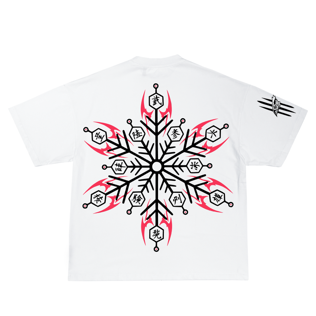 White t-shirt with black and red snowflake design