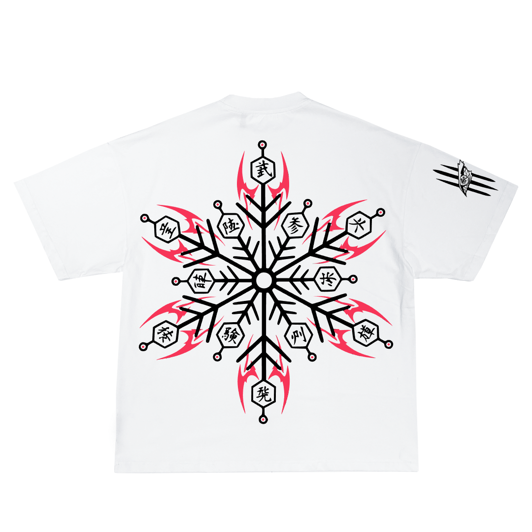 White t-shirt with black and red snowflake design