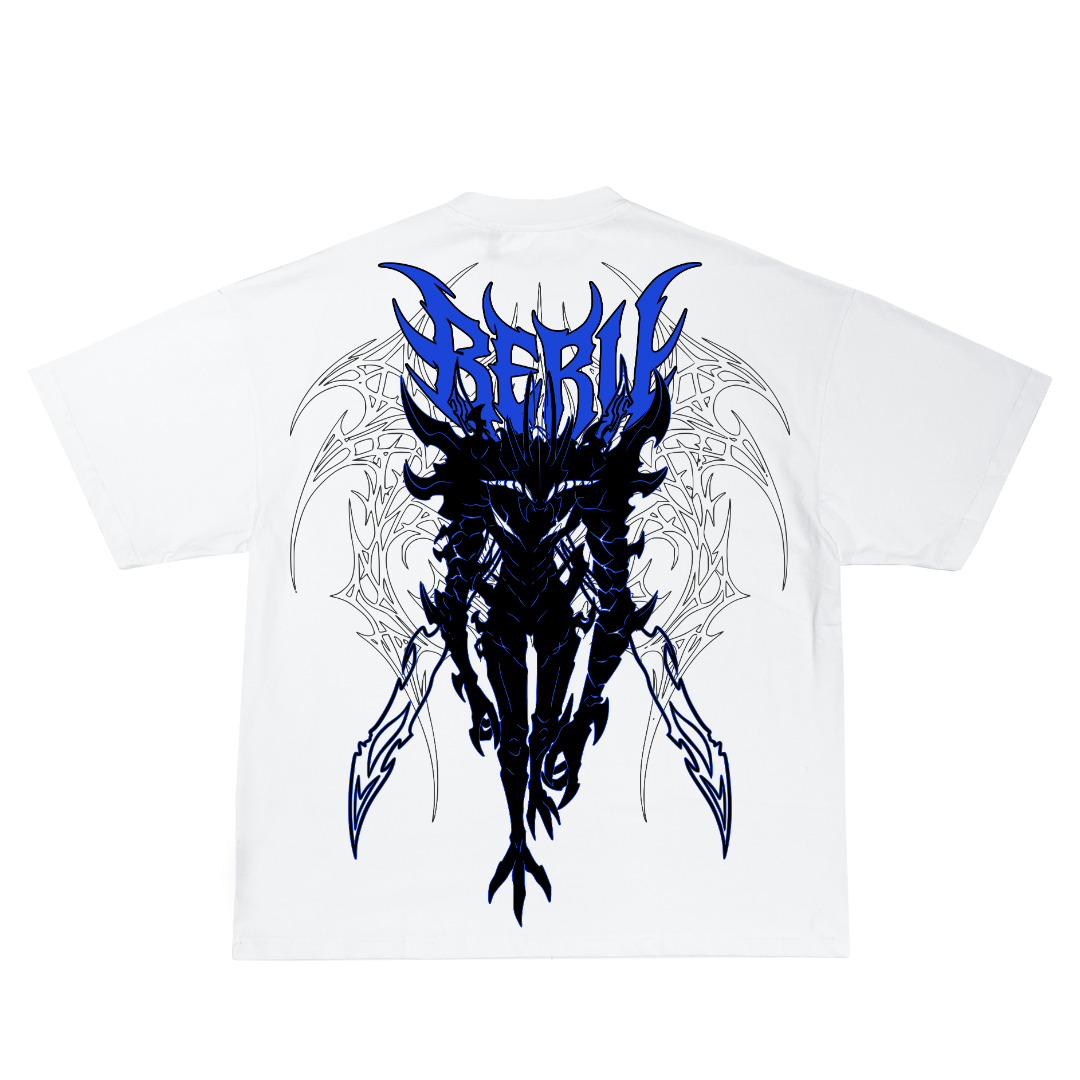 White t-shirt with blue and black graphic design