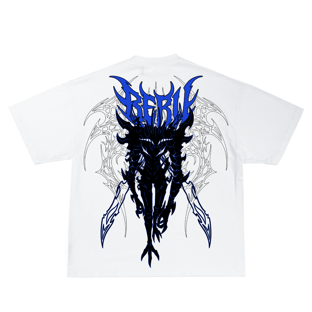White t-shirt with blue and black graphic design