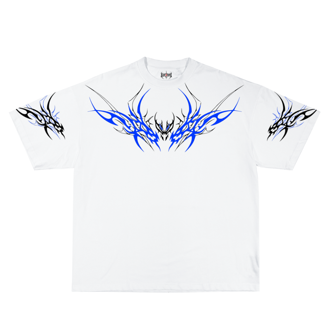White t-shirt with blue and black tribal designs