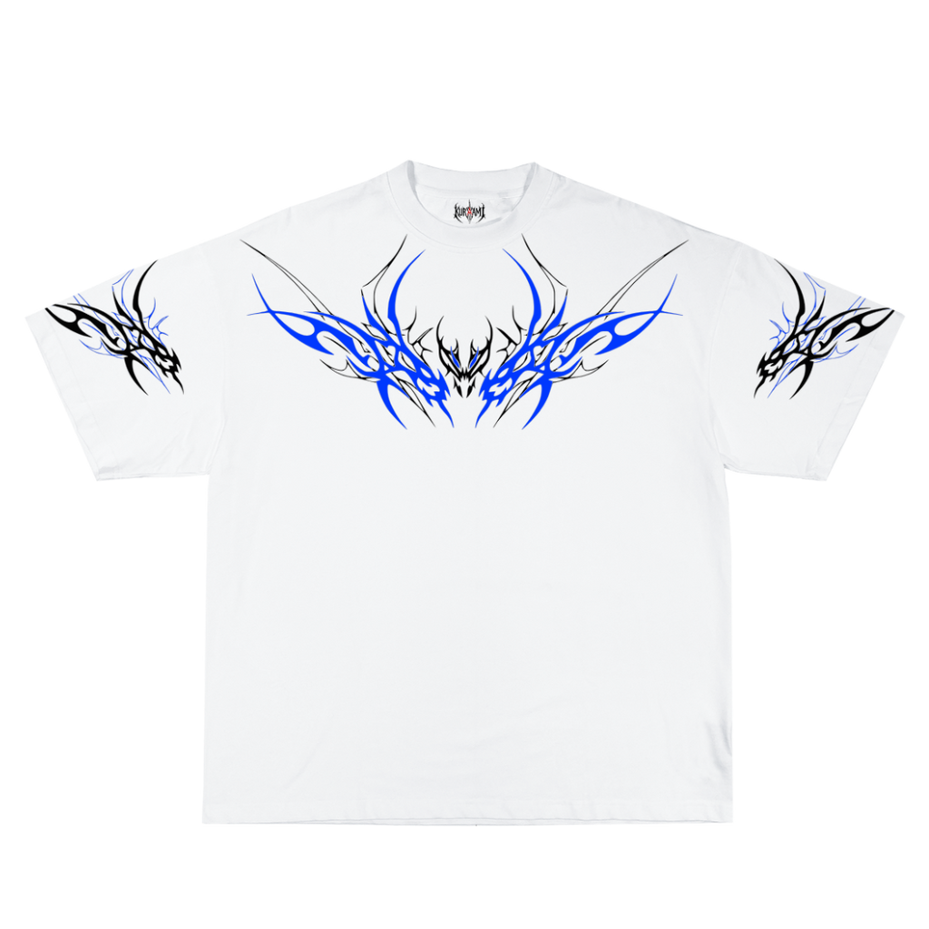 White t-shirt with blue and black tribal designs