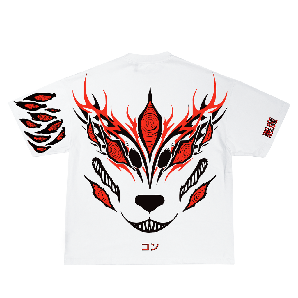 White t-shirt with red and black fox mask design
