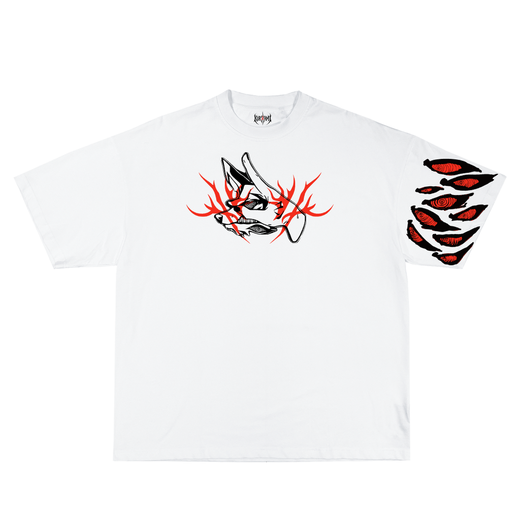 White t-shirt with black and red graphic design
