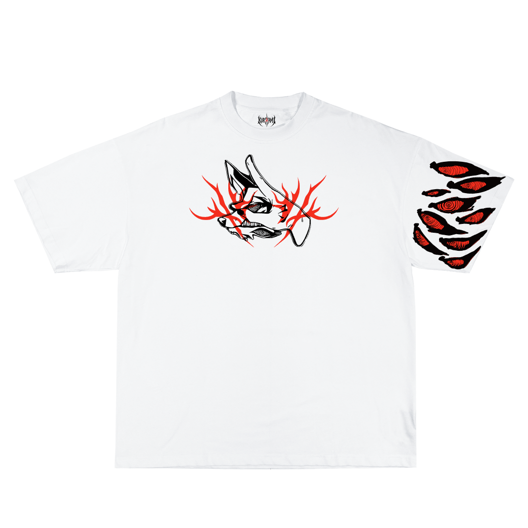 White t-shirt with black and red graphic design