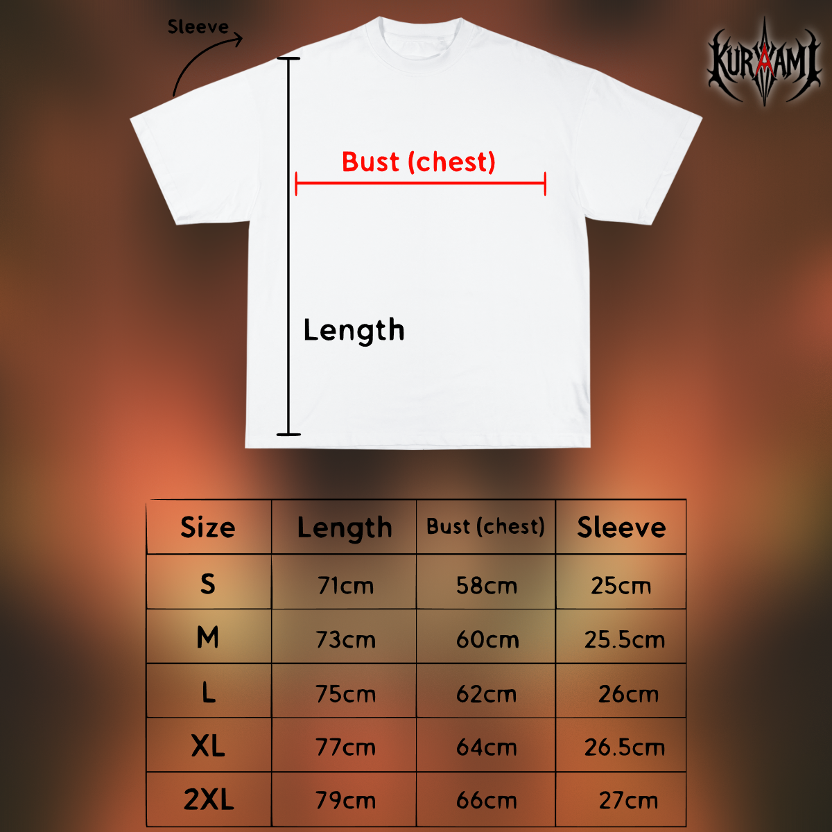 White t-shirt with measurement chart on a gradient background, featuring the brand 'Kurayami'.