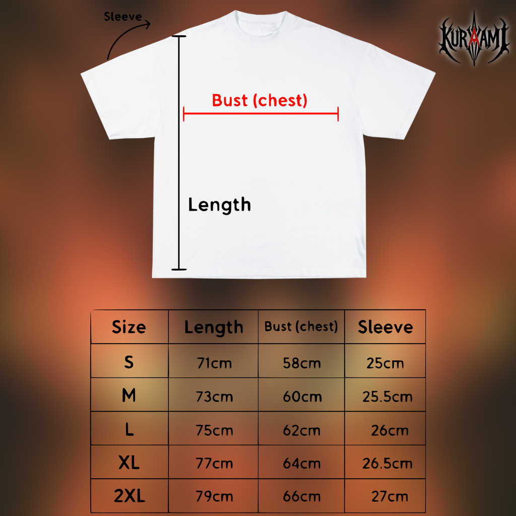 White t-shirt with measurement chart on a gradient background, featuring the brand 'Kurayami'.